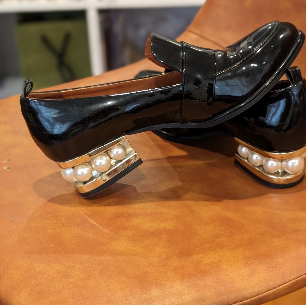 Jeffrey Campbell Black Leather Loafers with Pearl Heel